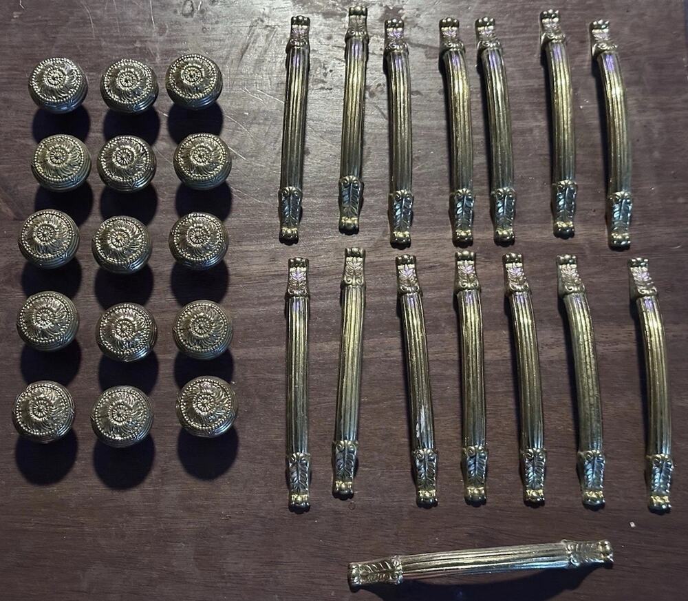 Vintage Brass Dresser Hardware Lot 15 Knobs 15 Drawer Pulls Ornate Floral